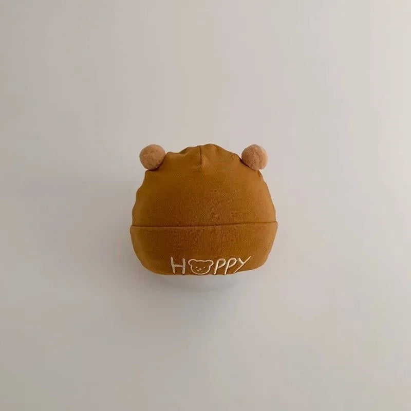 Cute Newborn Fetal Hat Soft Cotton Infant Boy Girls Cartoon Letter Bear Cap Solid Color Spring Autumn Warm Beanie
