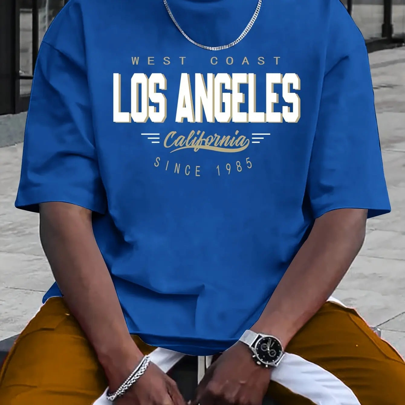 Summer men's 100% cotton comfortable casual loose plus size LOS ANGELES printed sports round neck short sleeved T-shirt top