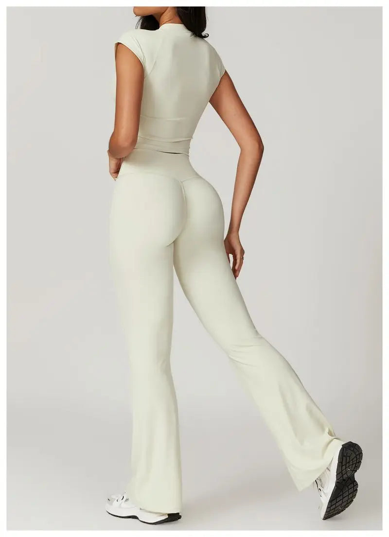 Two Piece Short Sleeve Sport Yoga Set Outfit Fitness Gym Set Workout Clothes for Women Flare Leggings Sportwear Women Tracksuit