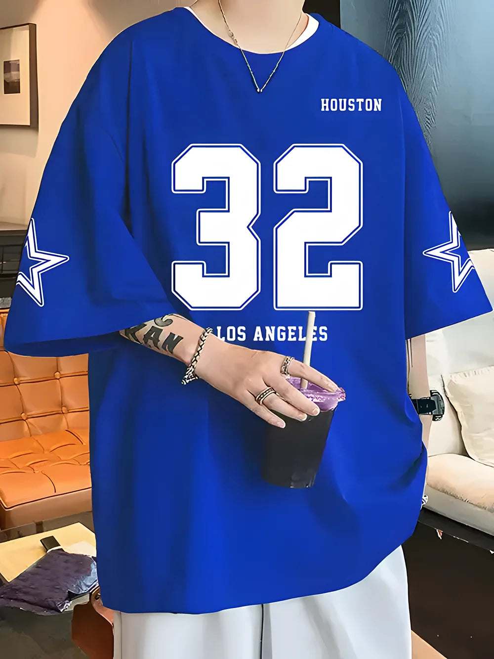 Los Angels Low Classic Letter 32 Printed Men's Round Neck Short Sleeve Comfortable Breathable Speed Drying Harajuku Street