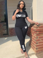 LW Plus Size Letter Print Pocket Design Pants Set Pullover Short Sleeve O Neck Top&Sheath Elastic Waist Trousers Fitness 2pc