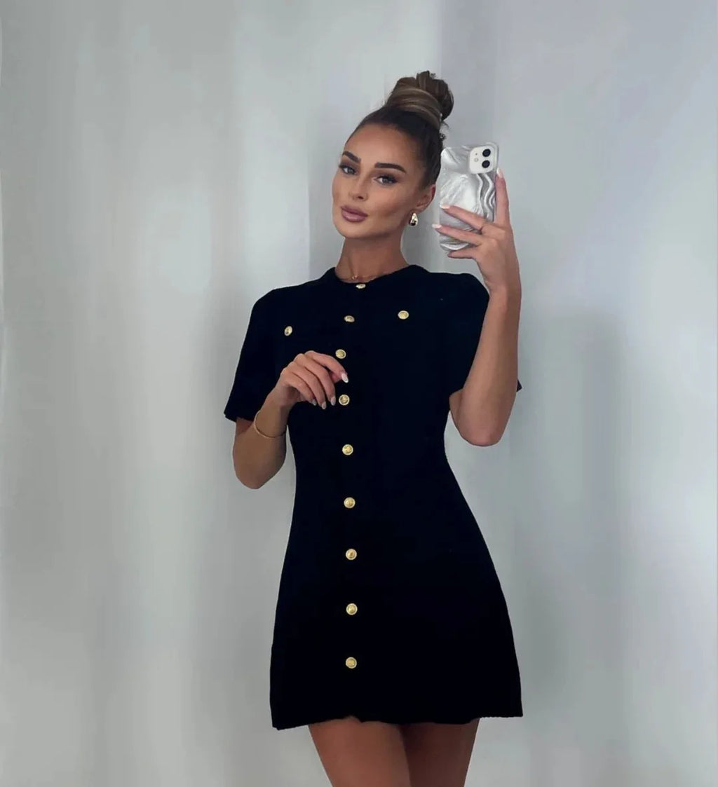 Elegant Women's Knitted Short Sleeve Dress Single Breasted High Waist Button Mini Curvy Dresse Knitwears White Black Summer 2025