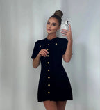 Elegant Women's Knitted Short Sleeve Dress Single Breasted High Waist Button Mini Curvy Dresse Knitwears White Black Summer 2025