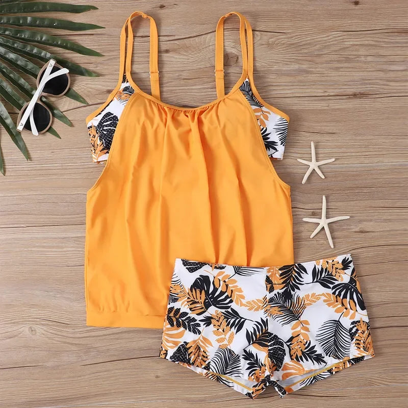 Women's Sexy Slim fit printed suspenders slit boxer shorts bikini plus size swimsuit two piece comfortable pretty swimwear swims