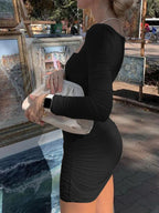Elegant Square Collar Long Sleeves Folds Slim Bodycon Dress Women Solid Color Skinny Mini Dress Sexy Club Party Vestidos