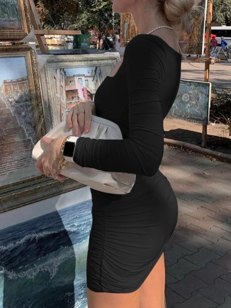 Elegant Square Collar Long Sleeves Folds Slim Bodycon Dress Women Solid Color Skinny Mini Dress Sexy Club Party Vestidos