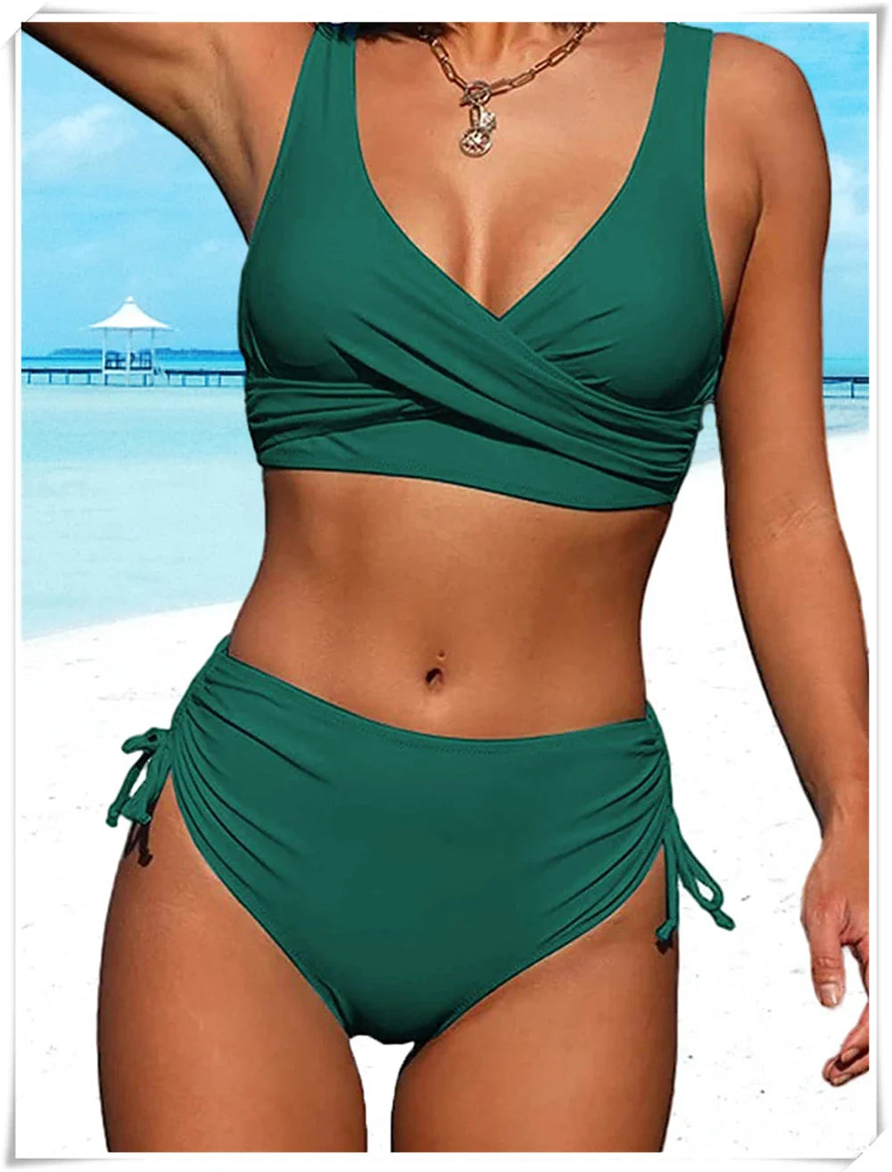 Drawstring High Waist Bikini 2023 Women Solid Swimwear Female Cross Front Swimsuit Padded Beachwear Bather Bathing Swimming Suit