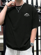 Summer men's 100% pure cotton casual loose plus size Letter And Mountain pattern printed round neck short sleeved T-shirt top