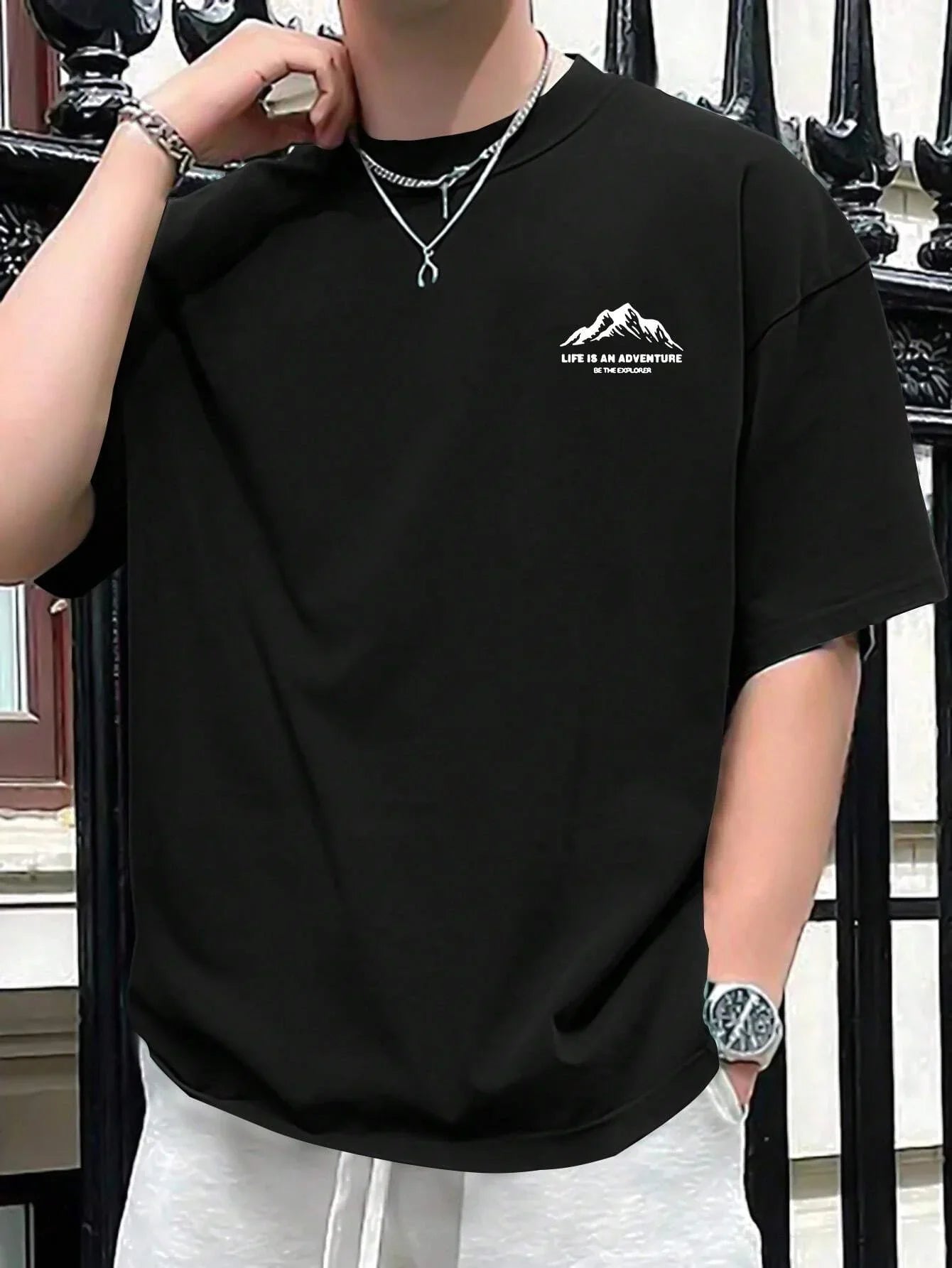 Summer men's 100% pure cotton casual loose plus size Letter And Mountain pattern printed round neck short sleeved T-shirt top