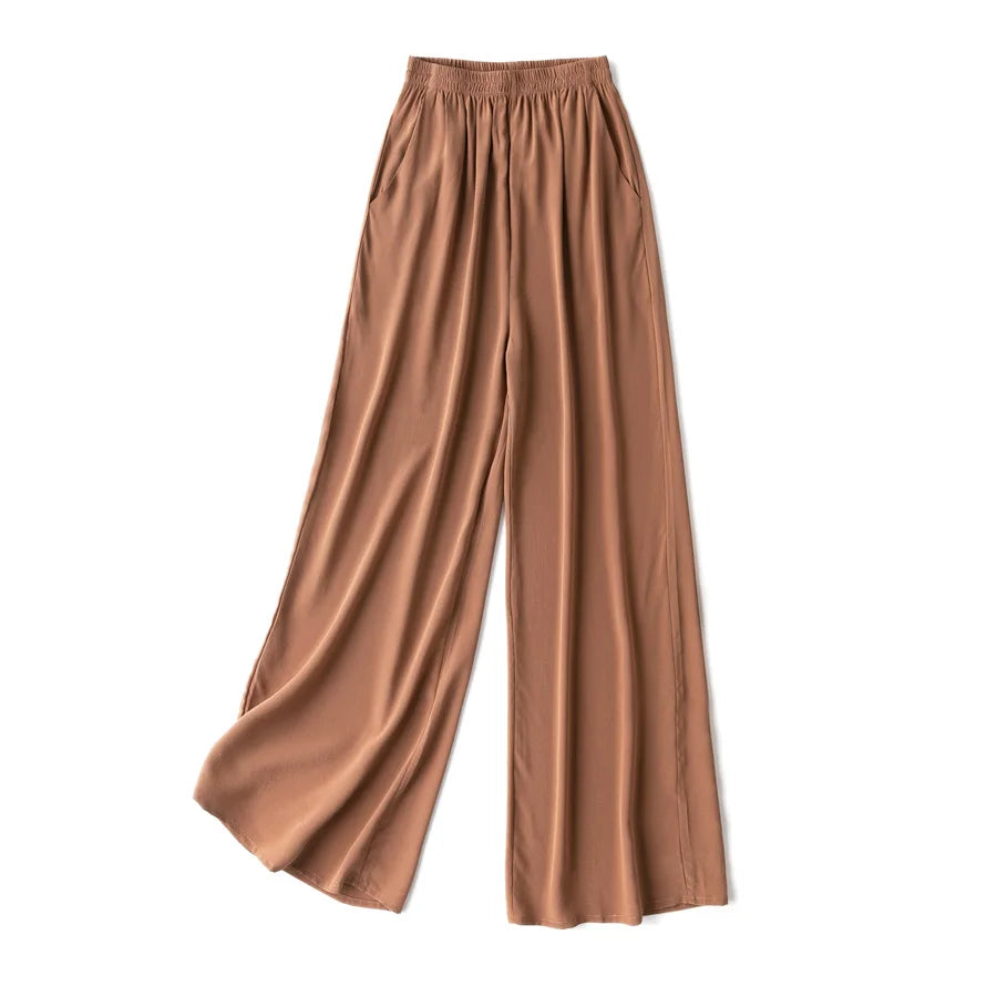 SuyaDream Women Wide Leg Pants 100%Real Silk Solid Elastic Waisted Ankle-length 2024 Office Spring Autumn Chic Trousers Black