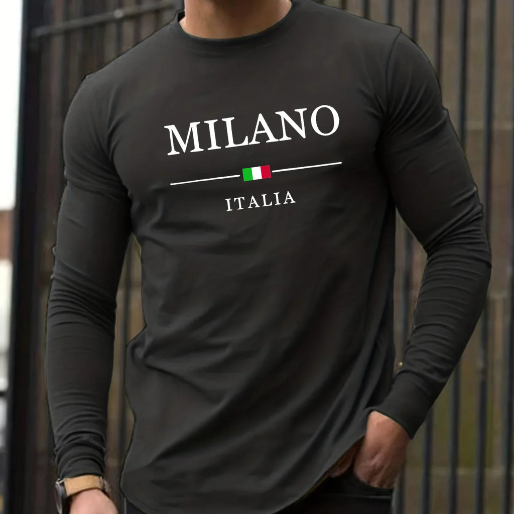 Men's 100% pure cotton comfortable casual loose oversized MALINO ITALIA printed sports round neck long sleeved T-shirt top