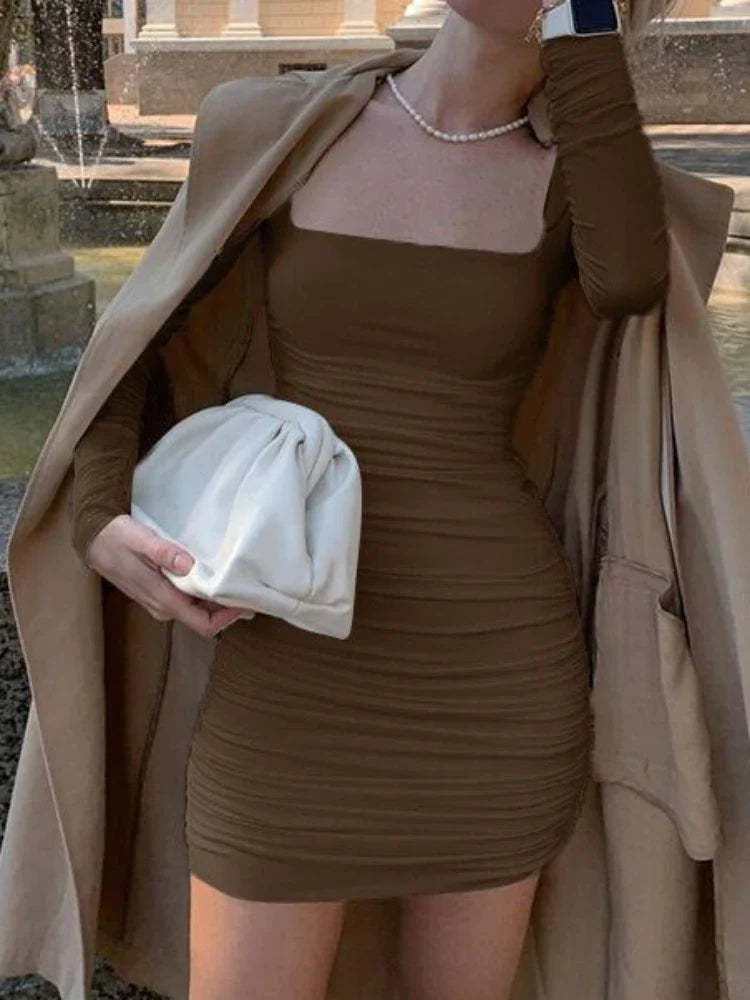 Elegant Square Collar Long Sleeves Folds Slim Bodycon Dress Women Solid Color Skinny Mini Dress Sexy Club Party Vestidos