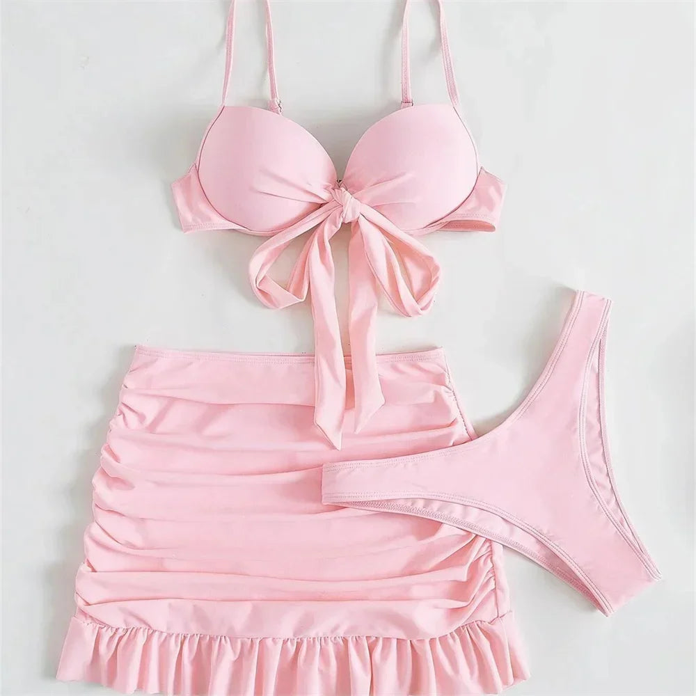 Cute Pink Ruched Swimwear Push Up Bandage Bikini Thong Pleated Swimsuit 3 Piece Women's Skirt Beach Outfits Bikinis Bathing Suit