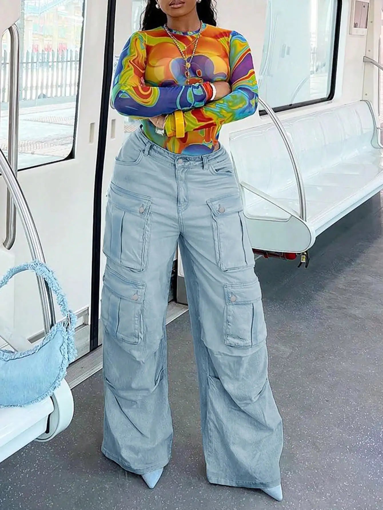 Women Harajuku Y2K Streetwear Jeans American Style Retro Multi-Pocket Straight Cargo Pants Trend Mid-waist Casual Blue Trousers