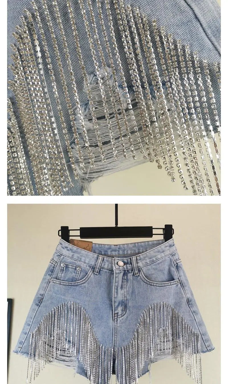 Chain Jeans Women's 2022 Summer New High Waist Slim Sexy Shorts Heavy Beading Ladies Denim Shorts Women Fashion