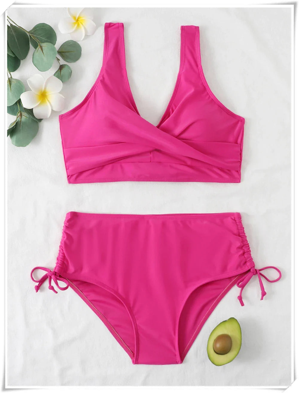 Drawstring High Waist Bikini 2023 Women Solid Swimwear Female Cross Front Swimsuit Padded Beachwear Bather Bathing Swimming Suit