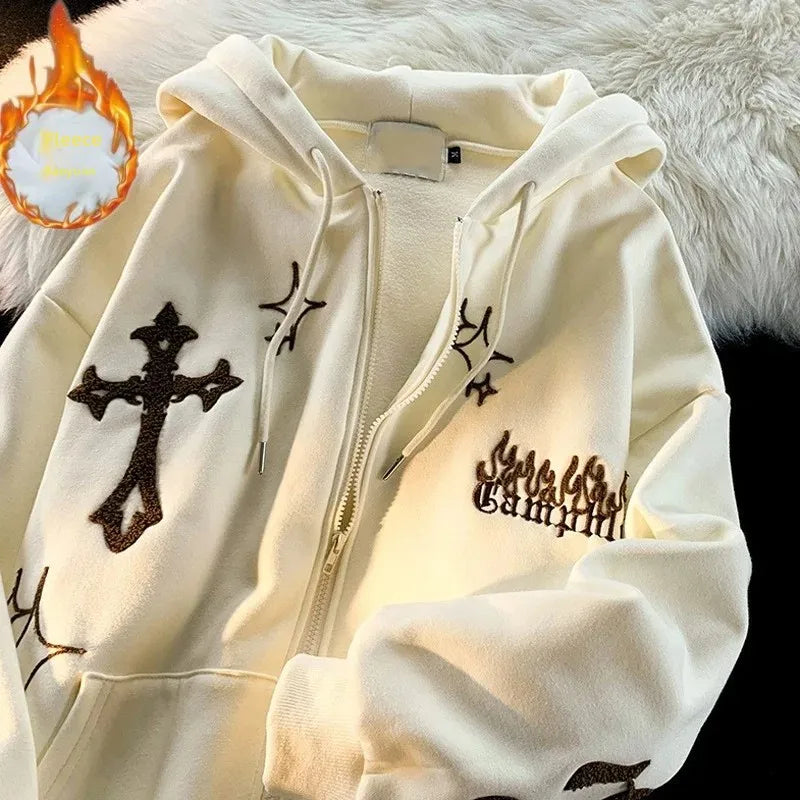 American Style Trendy Brand Embroidered Sport Jacket Oversize Couple Top Cardigan Hooded Sweatshirt Men Spring Autumn Casual Loo