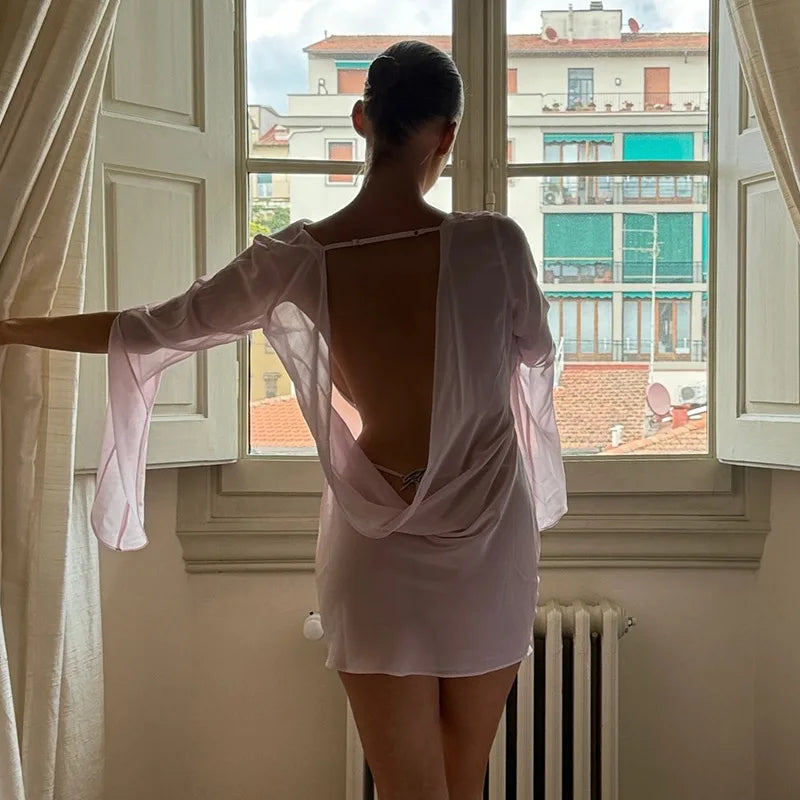 Gtpdpllt Perspective Women's Dress Summer Long Sleeve Swinging Collar Chiffon Backless Sexy Party Dresses Clubwear Outfits