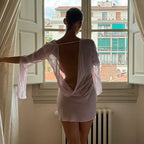 Gtpdpllt Perspective Women's Dress Summer Long Sleeve Swinging Collar Chiffon Backless Sexy Party Dresses Clubwear Outfits