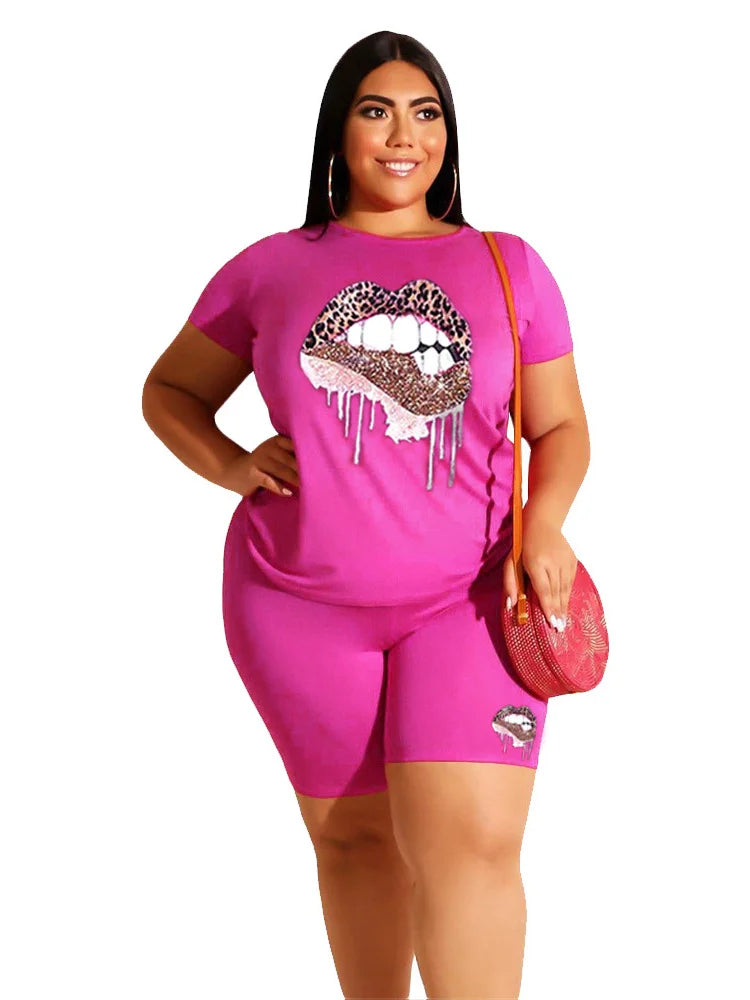 Wmstar Plus Size Two Piece Outfits for Women Tracksuit Shorts Sets  Lip Print Top Casual New In Matching Wholesale Dropshipping