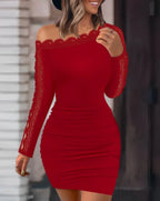 Autumn and Winter New Solid Lace Splice One line Neck Tight Wrap Hip Sexy Long Sleeve Dress for Women