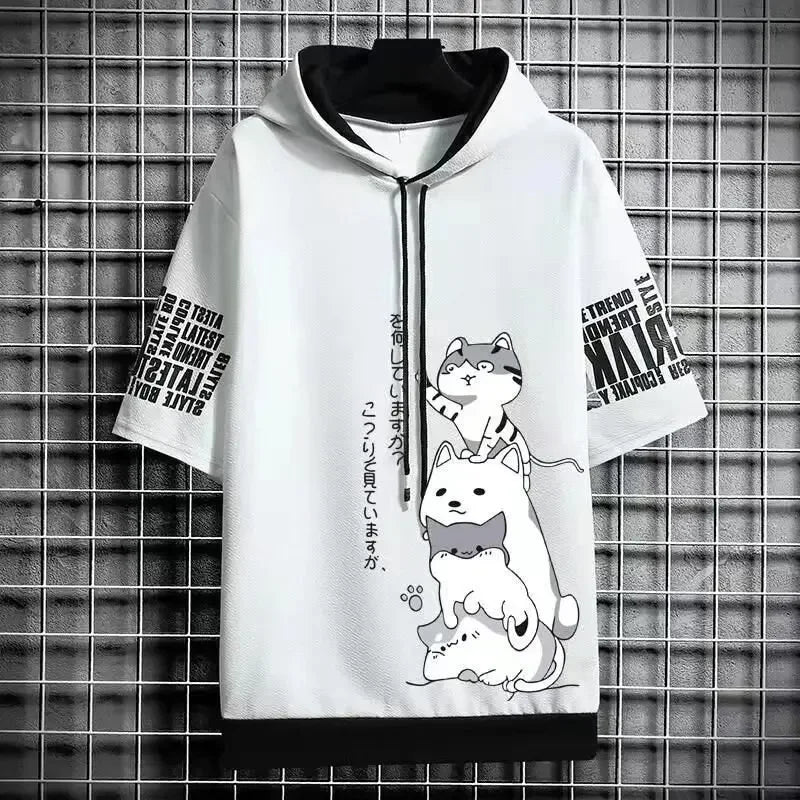 Summer T shirt Men's Hoodies Men Clothing Casual Harajuku Streetwear Print Hooded Top Short Sleeve Sweatshirts Men