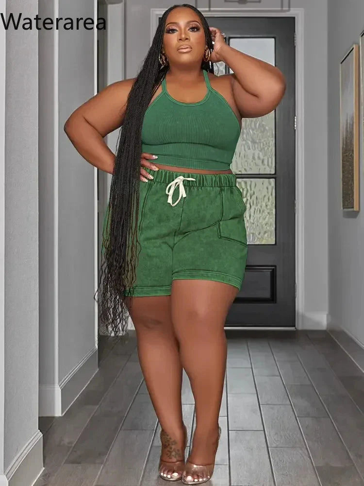 Waterarea Plus Size Women's Set Knit Ribbed Tank Top and Pocket Side Shorts Suit 2025 Summer INS Two 2 Piece Set OutfitTracksuit