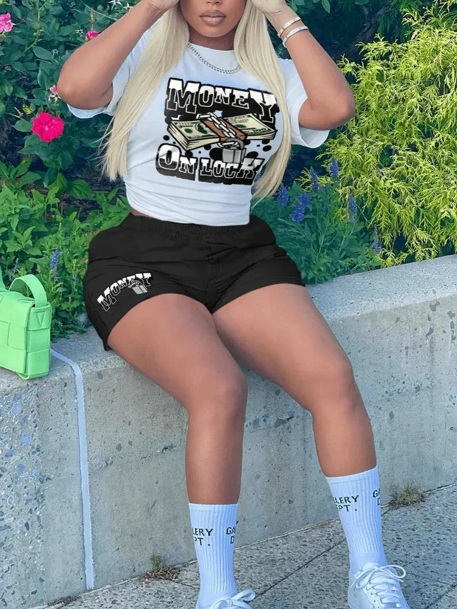 LW Plus Size Money Letter Print Shorts Set 2023 Women Round Neck Cartoon Two Pieces Street Short Sleeve Matching Suits