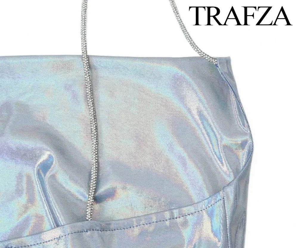 TRAF Women's Metallic Colour Glitter Dress Sexy Backless Sleeveless Spaghetti Strap Dresses Party Bar Sleeveless Short Dresses
