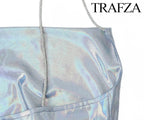 TRAF Women's Metallic Colour Glitter Dress Sexy Backless Sleeveless Spaghetti Strap Dresses Party Bar Sleeveless Short Dresses
