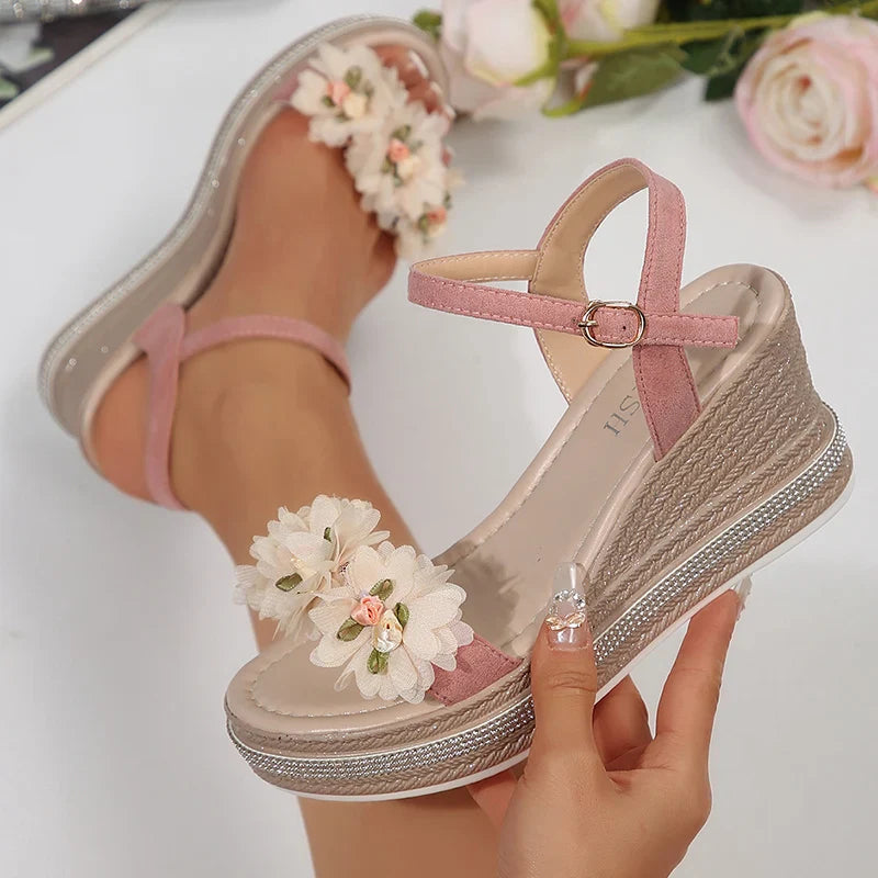 Lace Flower Wedge Heel Sandals for Women Summer Fashion Chunky Platform Sandalias Mujer Thick Bottom Non Slip Beach Shoes Woman