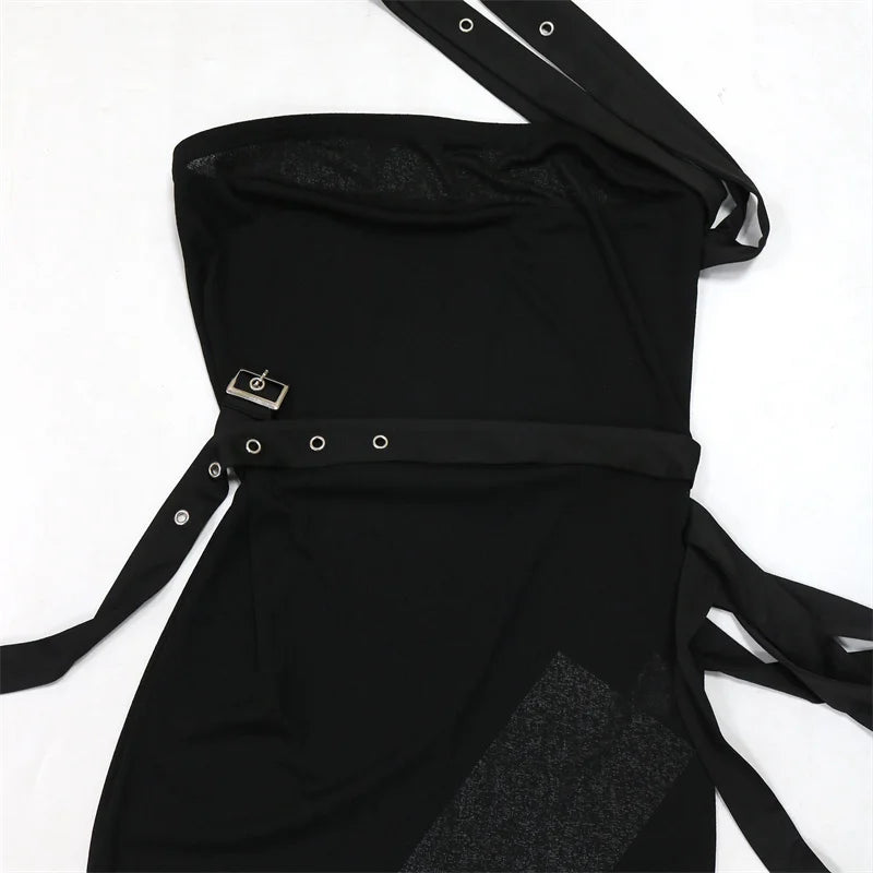 Summer Women Sleeveless Perspective Bodycon Sexy Night Club Mini Dress Inclined Collar Sashes Irregular Party Dress Black White