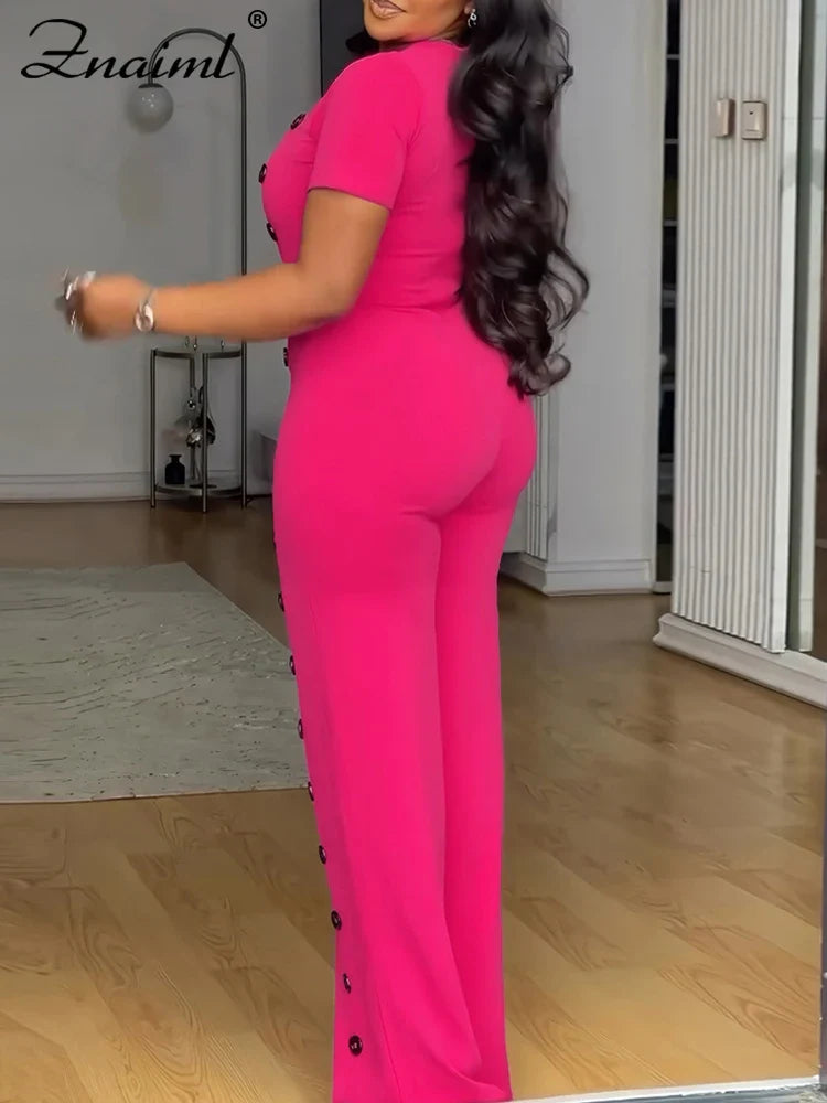Znaiml Women Elegant Long Jumpsuits for Party Summer Short Sleeve Buttons Solid Color Wide Leg Pants Rompers One Pieces Overalls