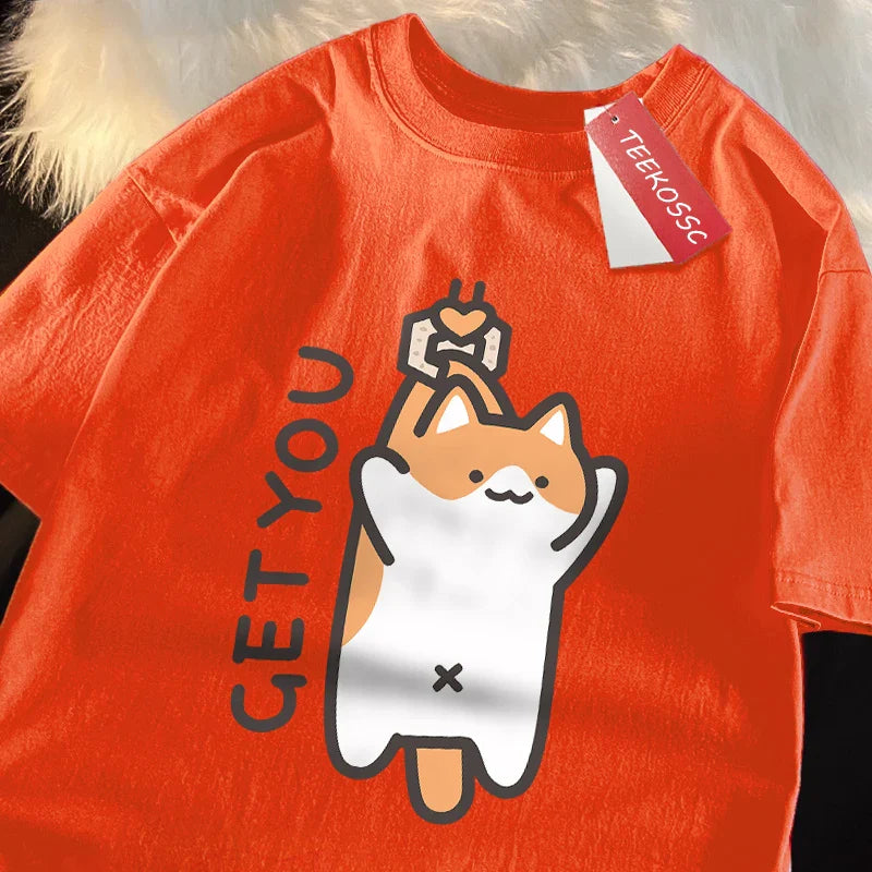 Catching Baby Fun Cat Print Japanese Style Clothes Men Fashion Oversize T-Shirt Casual O-neck Tops Summer Cotton Loose T Shirt