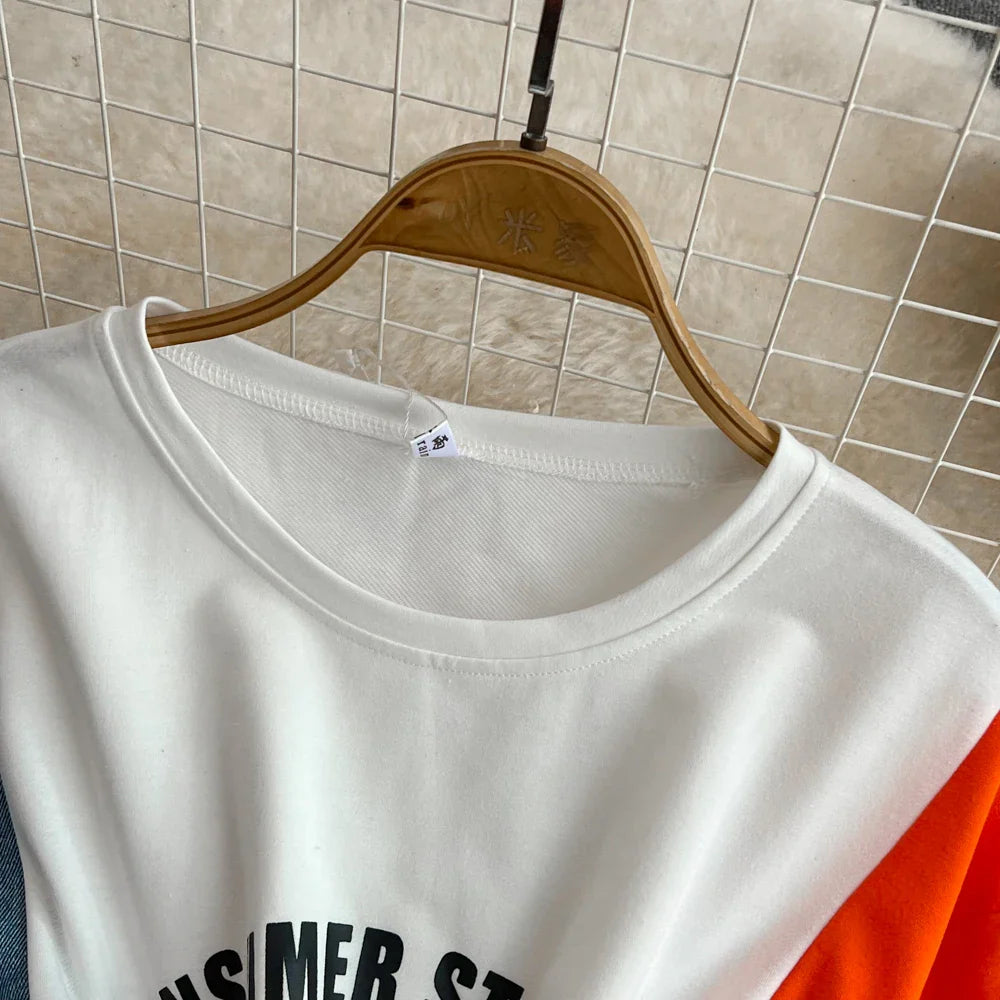 XFPV 2025 Summer Fashion Short Sleeve Round Neck High Waistband Slim A-line Denim Printed Patchwork Dress For Women SM11498