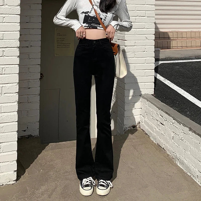 Woman American High Waist Slim Fit Bell Bottom Jeans Female Fashion Y2k Flare Pants Girls Elastic Designer Black Denim Trousers