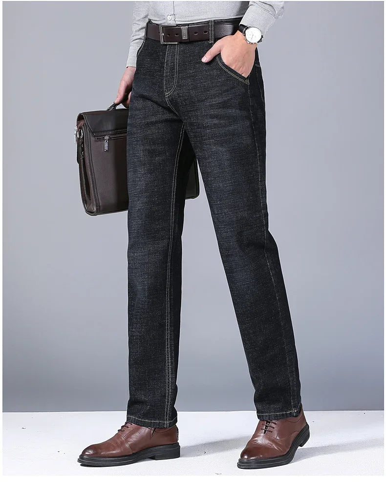 Men's Comfortable Soft Business Casual Denim Trousers Slim Fit Straight Pants Fashion Male Brand Light Luxury Stretch Clothing