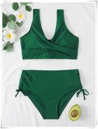 Drawstring High Waist Bikini 2023 Women Solid Swimwear Female Cross Front Swimsuit Padded Beachwear Bather Bathing Swimming Suit