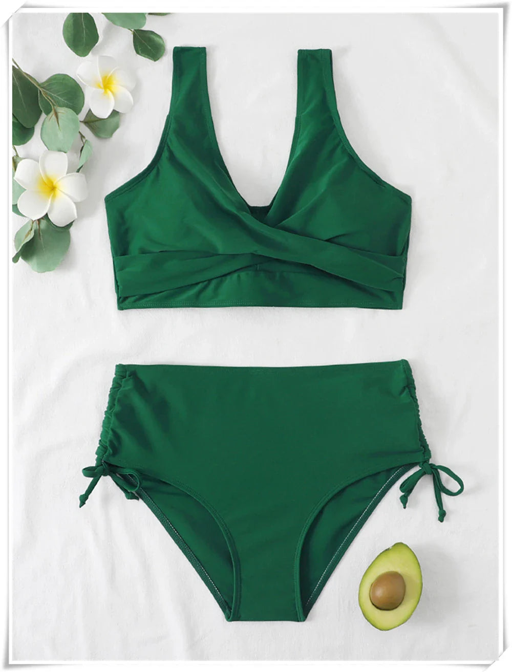 Drawstring High Waist Bikini 2023 Women Solid Swimwear Female Cross Front Swimsuit Padded Beachwear Bather Bathing Swimming Suit