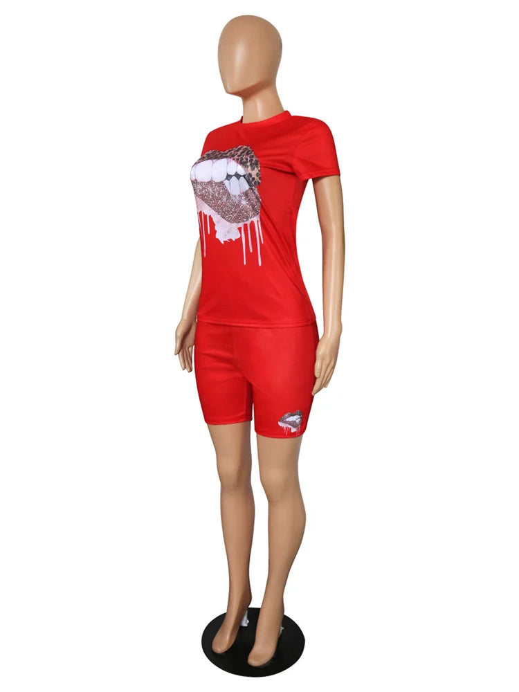Wmstar Plus Size Two Piece Outfits for Women Tracksuit Shorts Sets  Lip Print Top Casual New In Matching Wholesale Dropshipping