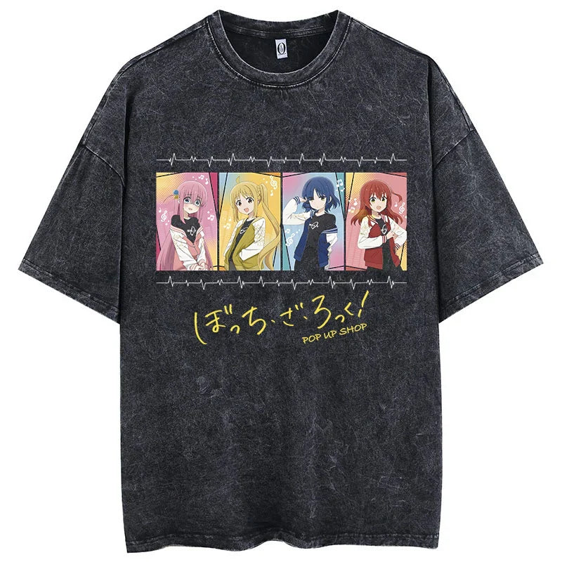 Men Oversized Printed Tshirts Bocchi Club Music Band Anime Bocchi The Rock Cotton Tops Creative Crew Neck Tees Washed TShirt