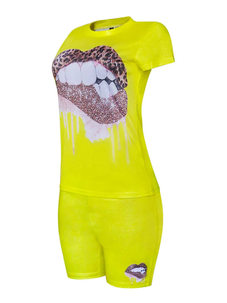 Wmstar Plus Size Two Piece Outfits for Women Tracksuit Shorts Sets  Lip Print Top Casual New In Matching Wholesale Dropshipping