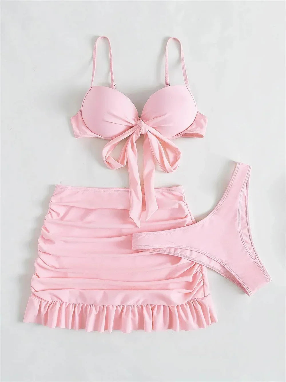 Cute Pink Ruched Swimwear Push Up Bandage Bikini Thong Pleated Swimsuit 3 Piece Women's Skirt Beach Outfits Bikinis Bathing Suit