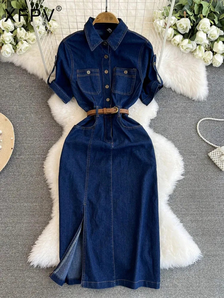 XFPV Women's Sweet Short Denim Dress For Women  Belt Slim Short Sleeved Vestidos Korean Fashion Spring Summer 2025 SM11153