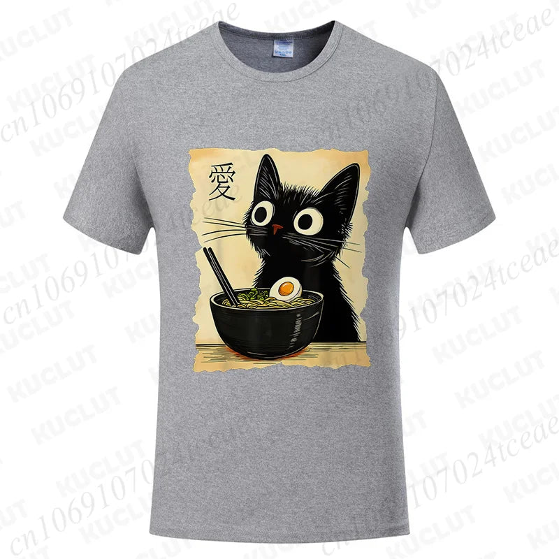 Funny Cat Ramen Graphic Tee Japanese Kawaii Anime Cat T-Shirt Fashion T-shirts Short Sleeve Clothes Trend Casual Unisex Tshirts