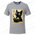 Funny Cat Ramen Graphic Tee Japanese Kawaii Anime Cat T-Shirt Fashion T-shirts Short Sleeve Clothes Trend Casual Unisex Tshirts