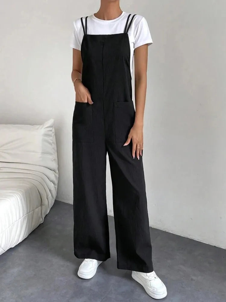 European and American Suspender Jumpsuit Women's 2024 Summer New Fashion Casual Solid Long Wide Leg Women Overalls Jumpsuit