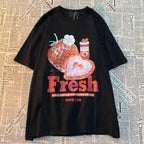Fresh Strawberry American Retro Creative Printing Short-sleeved Plus Size T-shirt Women's Fashion Brand Loose Versatile Shirt