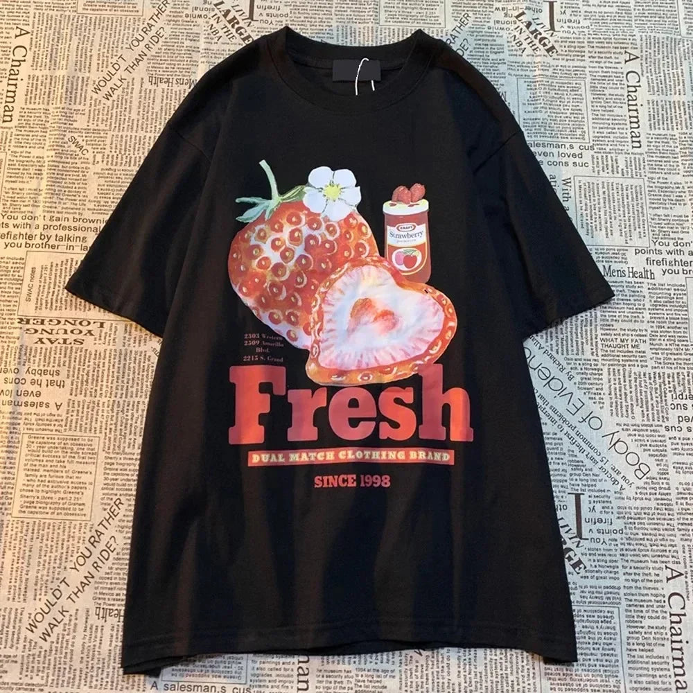 Fresh Strawberry American Retro Creative Printing Short-sleeved Plus Size T-shirt Women's Fashion Brand Loose Versatile Shirt