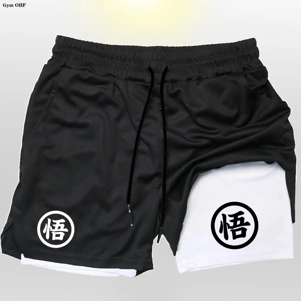 Goku Anime Running Shorts Men Fitness Gym Training 2 in 1 Sports Shorts Quick Dry Workout Jogging Double Deck Shorts